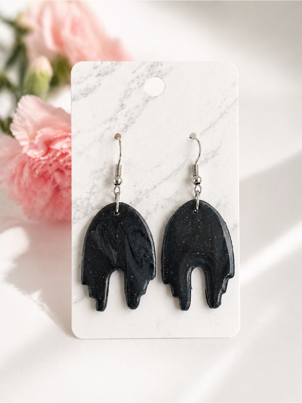 Handmade Black Glitter Drip Dangle Clay Earrings